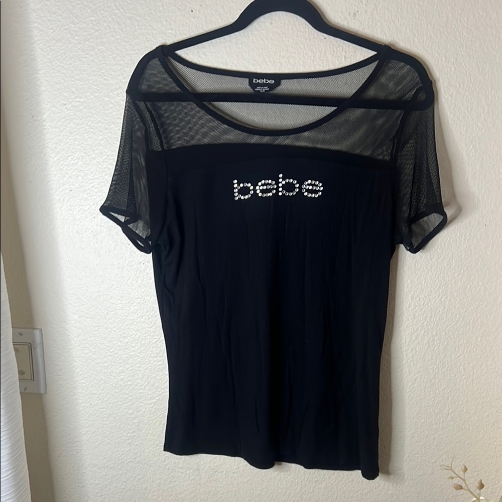 Bebe Black Embellished Fitted Short Sleeve Blouse